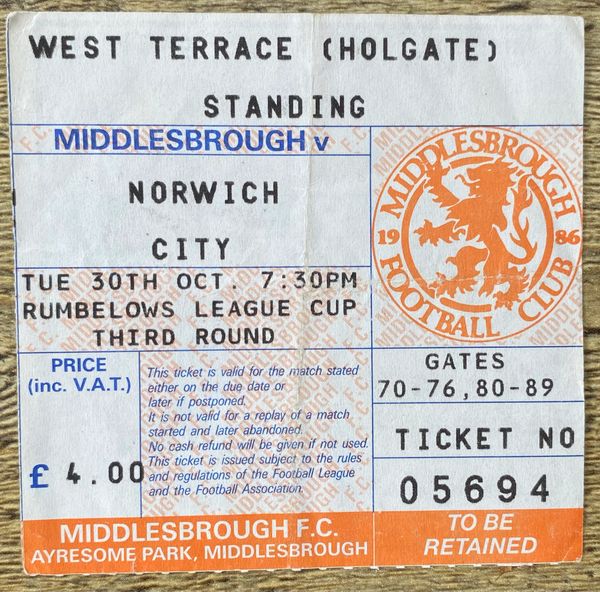 1990/91 ORIGINAL LEAGUE CUP 3RD ROUND TICKET MIDDLESBROUGH V NORWICH CITY