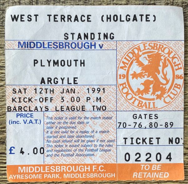 1990/91 ORIGINAL DIVISION TWO TICKET MIDDLESBROUGH V PLYMOUTH ARGYLE