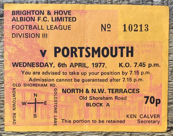 1976/77 ORIGINAL DIVISION THREE TICKET BRIGHTON AND HOVE ALBION V PORTSMOUTH