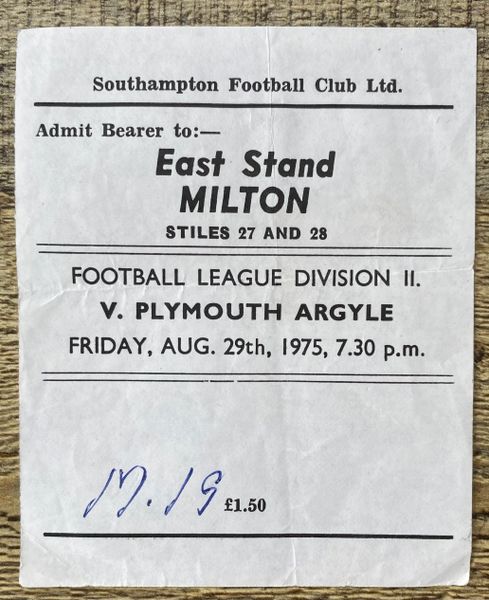 1975/76 ORIGINAL DIVISION TWO TICKET SOUTHAMPTON V PLYMOUTH ARGYLE