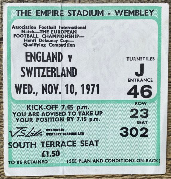 1971 EUROPEAN CHAMPIONSHIPS QUALIFYING TICKET ENGLAND V SWITZERLAND @WEMBLEY