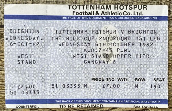 1982/83 ORIGINAL LEAGUE CUP 2ND ROUND 1ST LEG UNUSED TICKET TOTTENHAM HOTSPUR V BRIGHTON AND HOVE ALBION