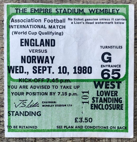 1980 ORIGINAL WORLD CUP QUALIFYING TICKET ENGLAND V NORWAY @WEMBLEY