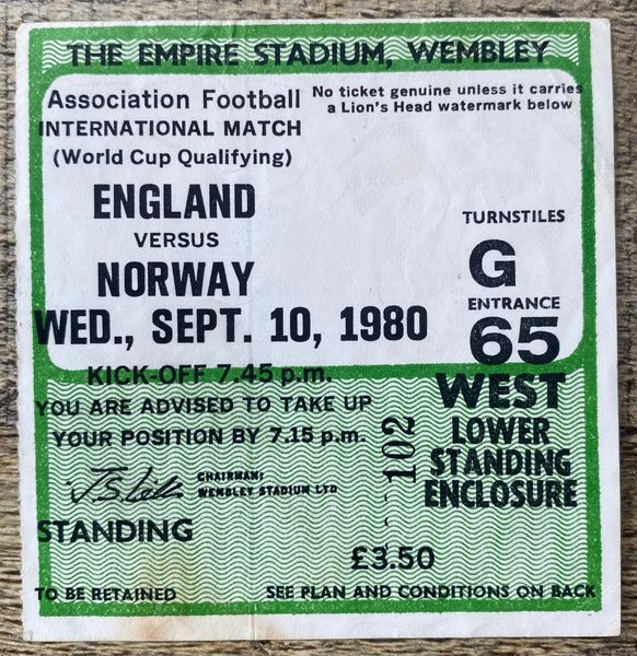 1980 ORIGINAL WORLD CUP QUALIFYING TICKET ENGLAND V NORWAY @WEMBLEY