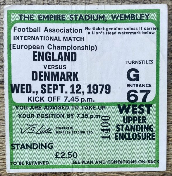 1979 ORIGINAL EUROPEAN CHAMPIONSHIP QUALIFYING TICKET ENGLAND V DENMARK @WEMBLEY