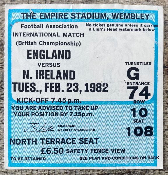 1982 ORIGINAL BRITISH HOME INTERNATIONAL CHAMPIONSHIP TICKET ENGLAND V NORTHERN IRELAND @WEMBLEY