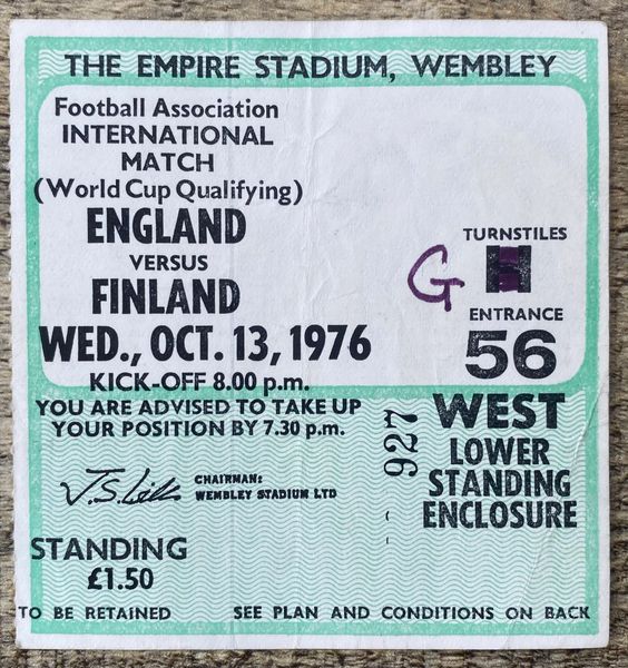 1976 ORIGINAL WORLD CUP QUALIFYING TICKET ENGLAND V FINLAND @WEMBLEY