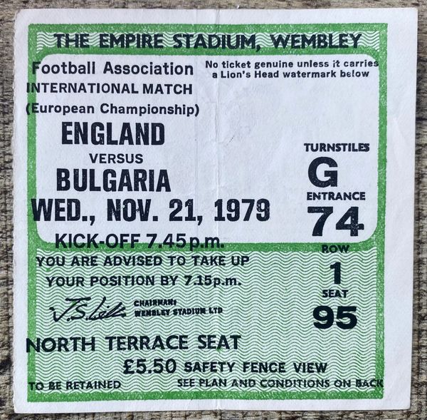 1979 ORIGINAL EUROPEAN CHAMPIONSHIP QUALIFYING TICKET ENGLAND V BULGARIA @WEMBLEY