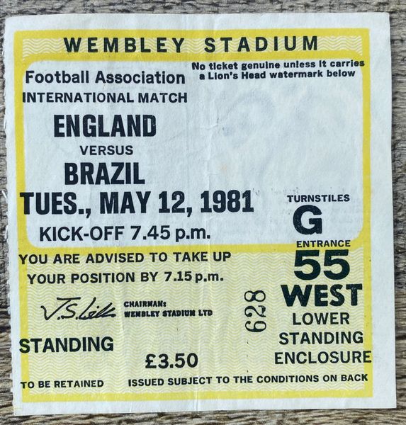 1981 ORIGINAL INTERNATIONAL TICKET ENGLAND V BRAZIL @WEMBLEY