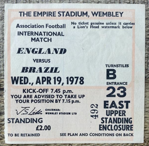 1978 ORIGINAL INTERNATIONAL TICKET ENGLAND V BRAZIL @WEMBLEY