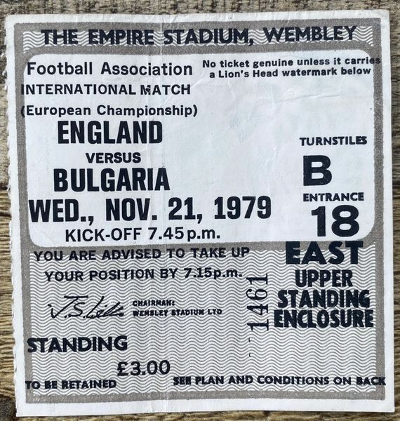 1979 ORIGINAL EUROPEAN CHAMPIONSHIP QUALIFYING TICKET ENGLAND V BULGARIA @WEMBLEY