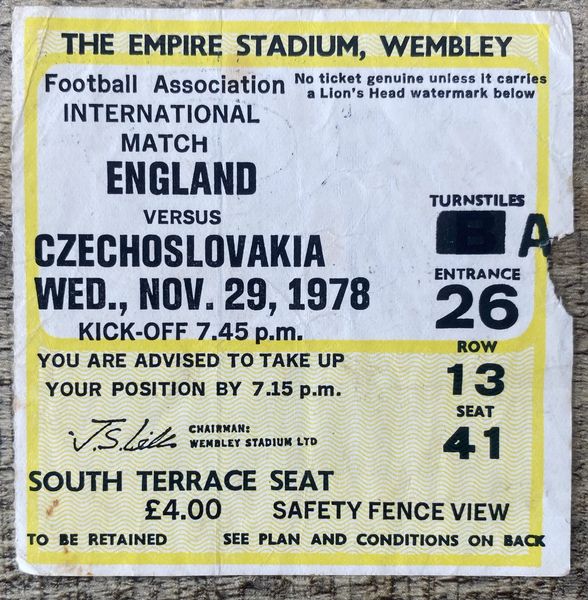 1978 ORIGINAL INTERNATIONAL TICKET ENGLAND V CZECHOSLOVAKIA @WEMBLEY
