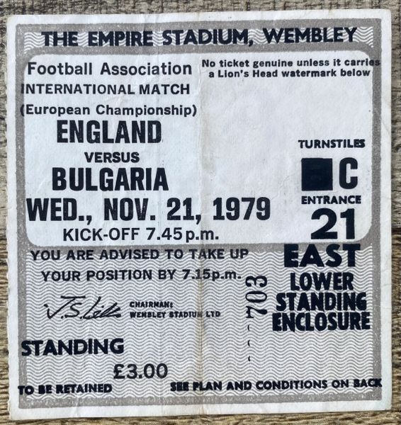 1979 ORIGINAL EUROPEAN CHAMPIONSHIP QUALIFYING TICKET ENGLAND V BULGARIA @WEMBLEY