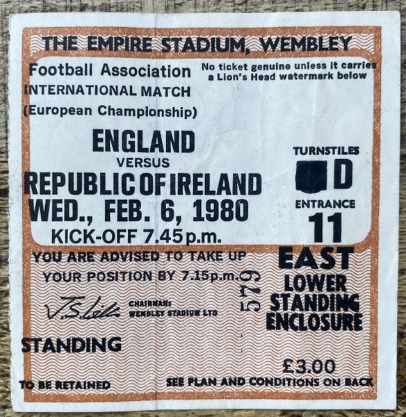 1980 ORIGINAL EUROPEAN CHAMPIONSHIP QUALIFYING TICKET ENGLAND V REPUBLIC OF IRELAND @WEMBLEY