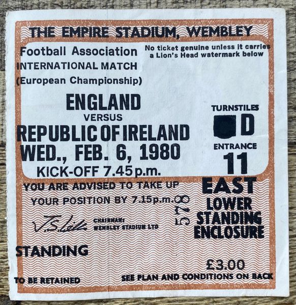 1980 ORIGINAL EUROPEAN CHAMPIONSHIP QUALIFYING TICKET ENGLAND V REPUBLIC OF IRELAND @WEMBLEY