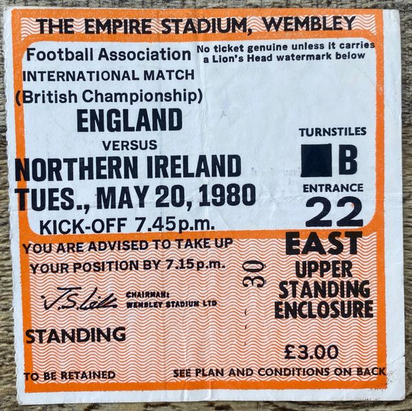 1980 ORIGINAL BRITISH HOME INTERNATIONAL CHAMPIONSHIP TICKET ENGLAND V NORTHERN IRELAND @WEMBLEY