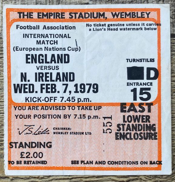 1979 ORIGINAL EUROPEAN CHAMPIONSHIP QUALIFYING TICKET ENGLAND V NORTHERN IRELAND @WEMBLEY