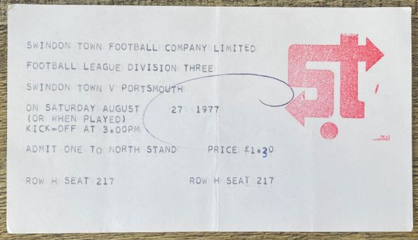 1977/78 ORIGINAL DIVISION THREE TICKET SWINDON TOWN V PORTSMOUTH