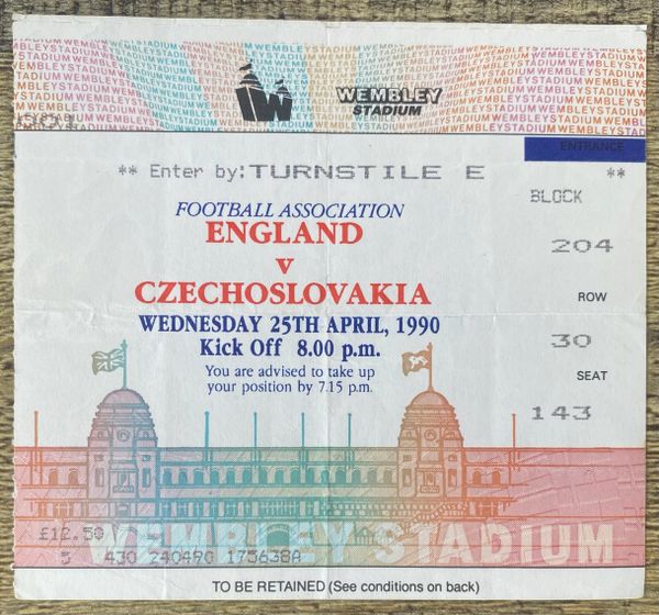 1990 ORIGINAL INTERNATIONAL TICKET ENGLAND V CZECHOSLOVAKIA @WEMBLEY