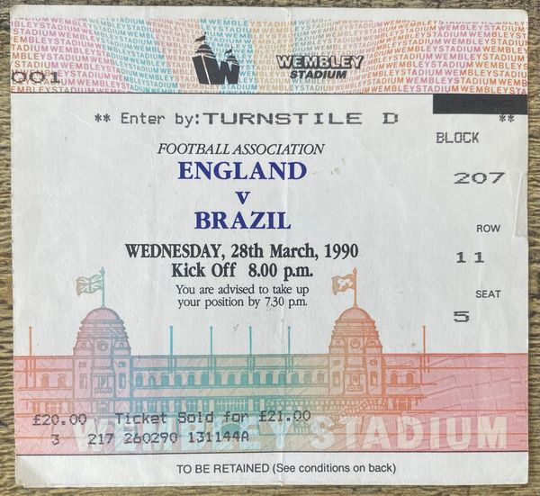 1990 ORIGINAL INTERNATIONAL TICKET ENGLAND V BRAZIL @WEMBLEY
