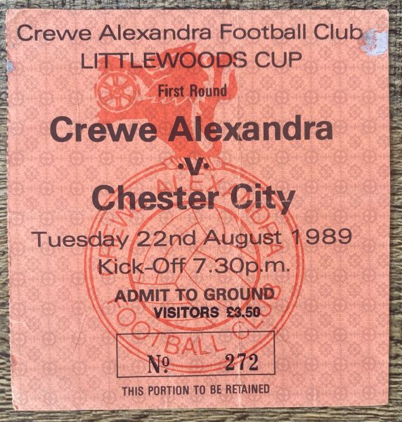 1989/90 ORIGINAL LEAGUE CUP 1ST ROUND 1ST LEG TICKET CREWE ALEXANDRA V CHESTER CITY (VISITORS ALLOCATION)