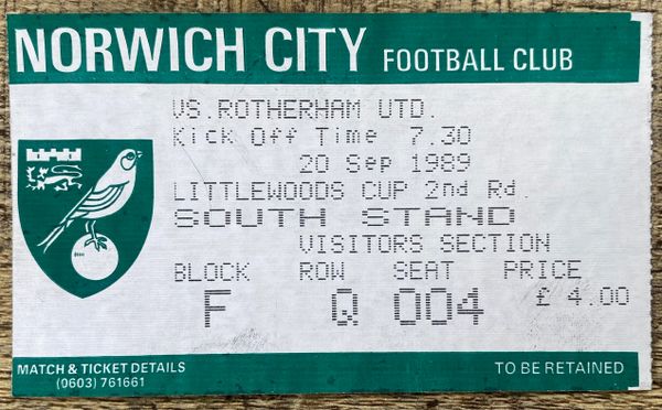 1989/90 ORIGINAL LITTLEWOODS CUP 2ND ROUND 1ST LEG TICKET NORWICH CITY V ROTHERHAM UNITED (VISITORS END)