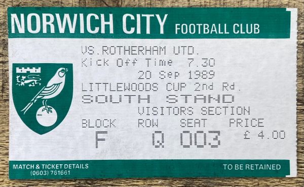 1989/90 ORIGINAL LITTLEWOODS CUP 2ND ROUND 1ST LEG TICKET NORWICH CITY V ROTHERHAM UNITED (VISITORS END)