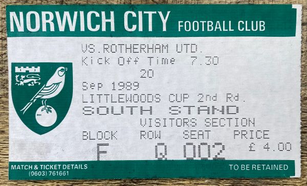 1989/90 ORIGINAL LITTLEWOODS CUP 2ND ROUND 1ST LEG TICKET NORWICH CITY V ROTHERHAM UNITED (VISITORS END)