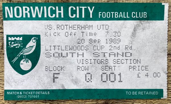 1989/90 ORIGINAL LITTLEWOODS CUP 2ND ROUND 1ST LEG TICKET NORWICH CITY V ROTHERHAM UNITED (VISITORS END)