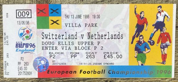 1996 ORIGINAL EURO 96 1ST ROUND UNUSED TICKET SWITZERLAND V NETHERLANDS @ VILLA PARK
