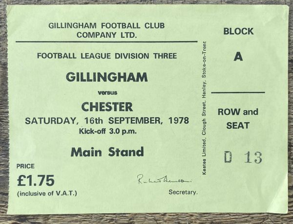 1978/79 ORIGINAL DIVISION THREE TICKET GILLINGHAM V CHESTER CITY