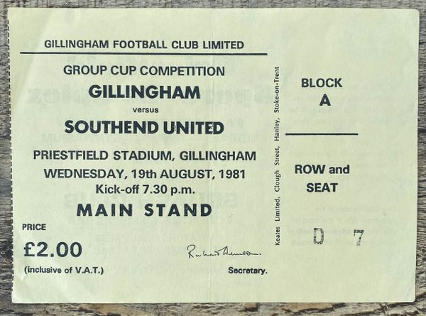 1981/82 ORIGINAL FOOTBALL LEAGUE GROUP CUP TICKET GILLINGHAM V SOUTHEND UNITED