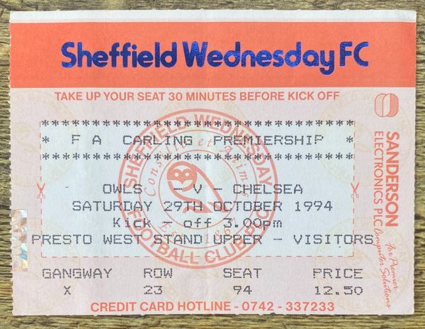 1994/95 ORIGINAL PREMIER LEAGUE TICKET SHEFFIELD WEDNESDAY V CHELSEA (CHELSEA ALLOCATION)