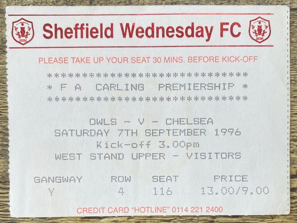 1996/97 ORIGINAL PREMIER LEAGUE TICKET SHEFFIELD WEDNESDAY V CHELSEA (CHELSEA ALLOCATION)