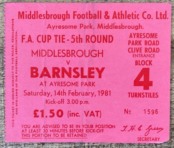 1980/81 ORIGINAL FA CUP 5TH ROUND TICKET MIDDLESBROUGH V BARNSLEY