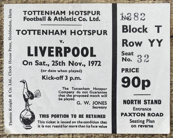 1972/73 ORIGINAL DIVISION ONE TICKET TOTTENHAM HOTSPUR V LIVERPOOL