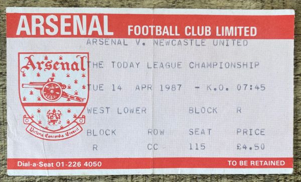 1986/87 ORIGINAL DIVISION ONE TICKET ARSENAL V NEWCASTLE UNITED