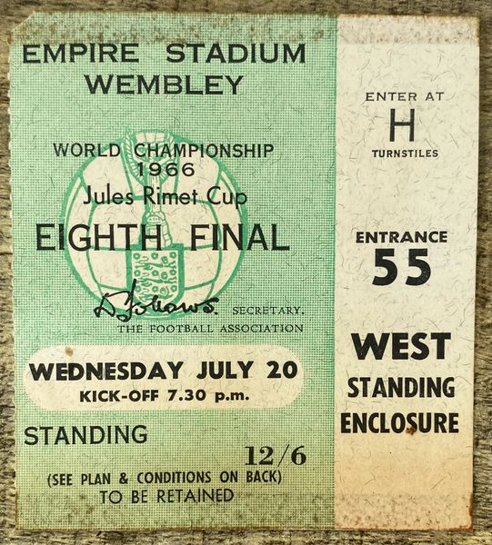 1966 ORIGINAL WORLD CUP 1st ROUND TICKET ENGLAND V FRANCE @ WEMBLEY H 53 220