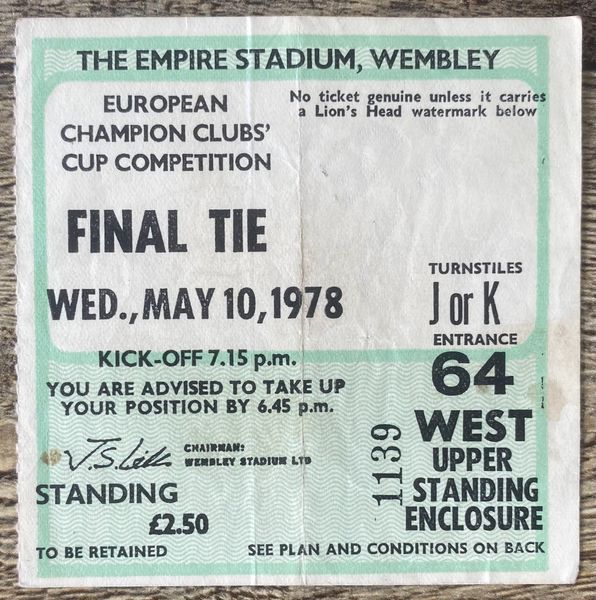 1978 ORIGINAL EUROPEAN CUP FINAL TICKET FC BRUGES V LIVERPOOL