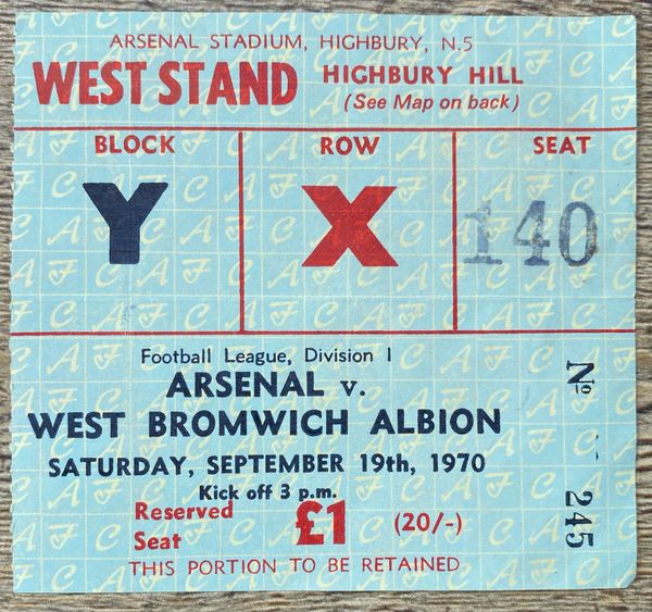 1970/71 ORIGINAL DIVISION ONE TICKET ARSENAL V WEST BROMWICH ALBION