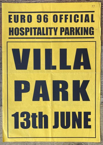 1996 ORIGINAL EURO 96 HOSPITALITY PARKING PERMIT FOR VILLA PARK 13TH JUNE