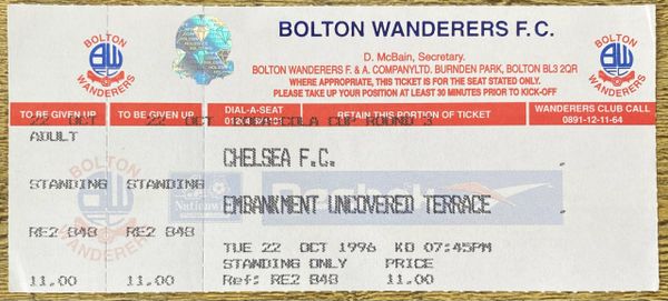 1996/97 ORIGINAL UNUSED COCA COLA CUP 3RD ROUND TICKET BOLTON WANDERERS V CHELSEA (CHELSEA ALLOCATION)