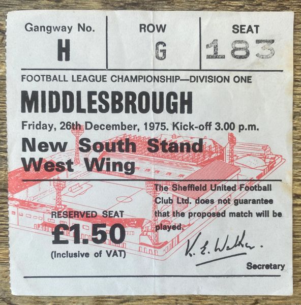 1975/76 ORIGINAL DIVISION ONE TICKET SHEFFIELD UNITED V MIDDLESBROUGH