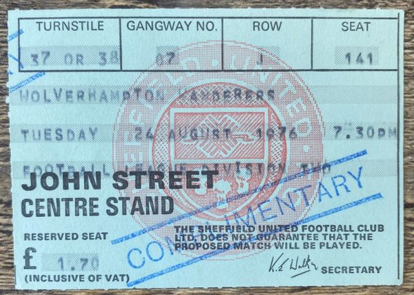 1976/77 ORIGINAL DIVISION TWO TICKET SHEFFIELD UNITED V WOLVERHAMPTON WANDERERS