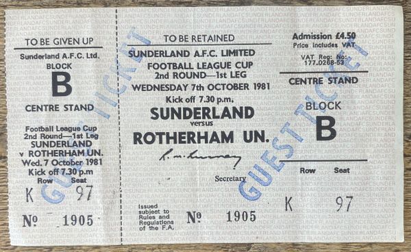 1981/82 ORIGINAL UNUSED LEAGUE CUP 2ND ROUND 1ST LEG TICKET SUNDERLAND V ROTHERHAM UNITED