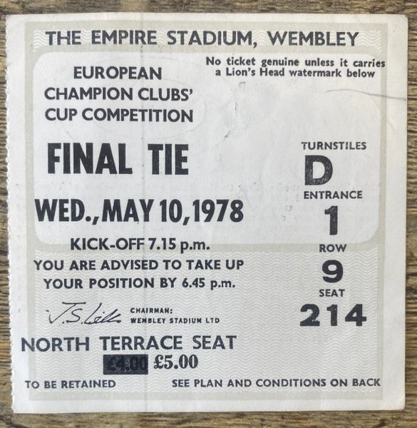 1978 ORIGINAL EUROPEAN CUP FINAL TICKET FC BRUGES V LIVERPOOL