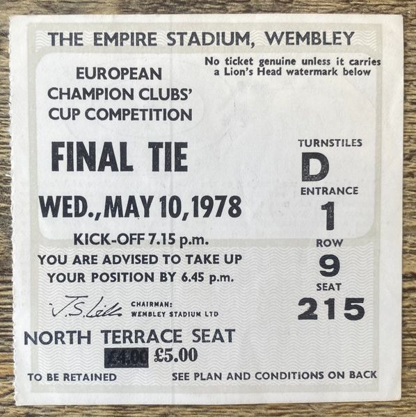 1978 ORIGINAL EUROPEAN CUP FINAL TICKET FC BRUGES V LIVERPOOL