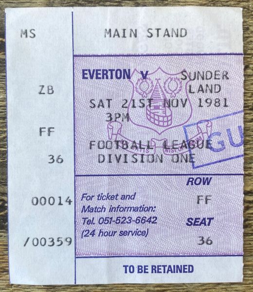 1981/82 ORIGINAL DIVISION ONE TICKET EVERTON V SUNDERLAND