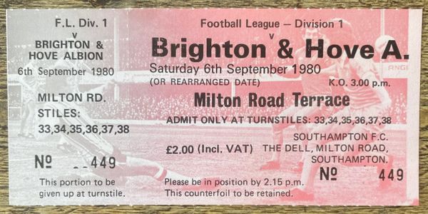 1980/81 ORIGINAL UNUSED DIVISION ONE TICKET SOUTHAMPTON V BRIGHTON AND HOVE ALBION