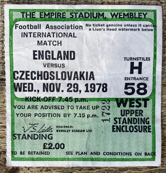 1978 ORIGINAL INTERNATIONAL TICKET ENGLAND V CZECHOSLOVAKIA @WEMBLEY